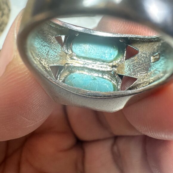 Vintage Sterling Silver Ring With Turquoise Inlay & Geometric Cutouts Size 7 - Picture 8 of 8